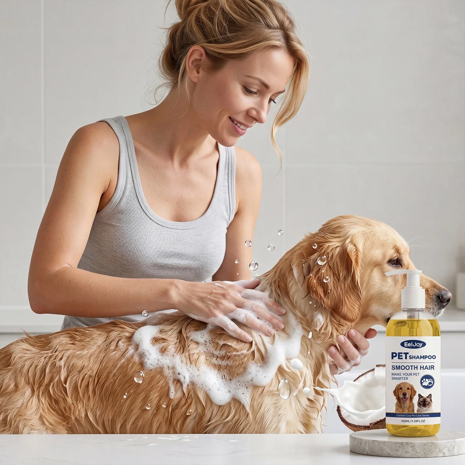 Woman bathing dog with moisturizing pet shampoo for sensitive skin, gentle foam cleansing and conditioning