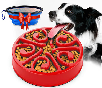 Red slow feeder dog bowl with anti-gulping maze design for large, medium, small dogs and puppies; non-slip food-safe feeder