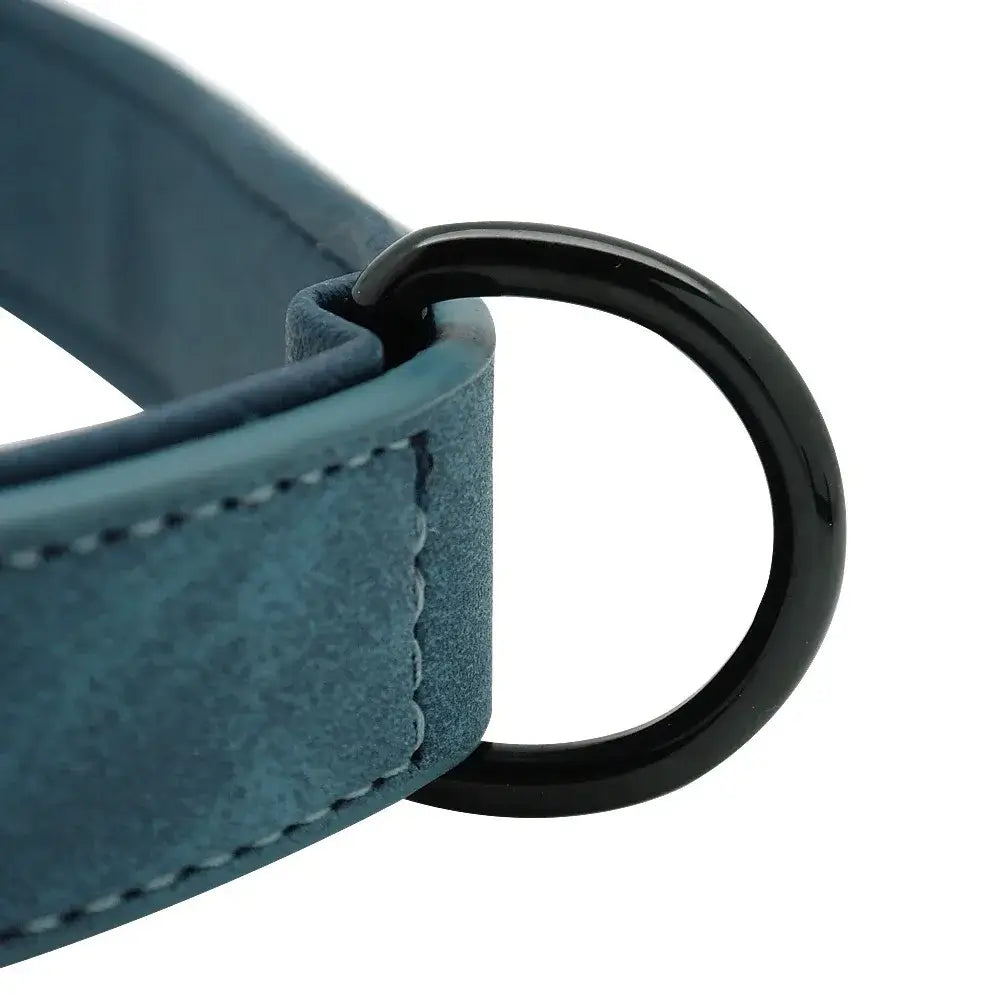 personalized leather dog collar with durable black metal D-ring and stitched blue leather for custom dog name tags