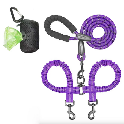 Pet Dog Leashes Walk 2 Two Dogs Nylon Leash Coupler Double Ropes Twin Leads Walking Dog with Poop Bag Multi Leashes 1.5+0.5M