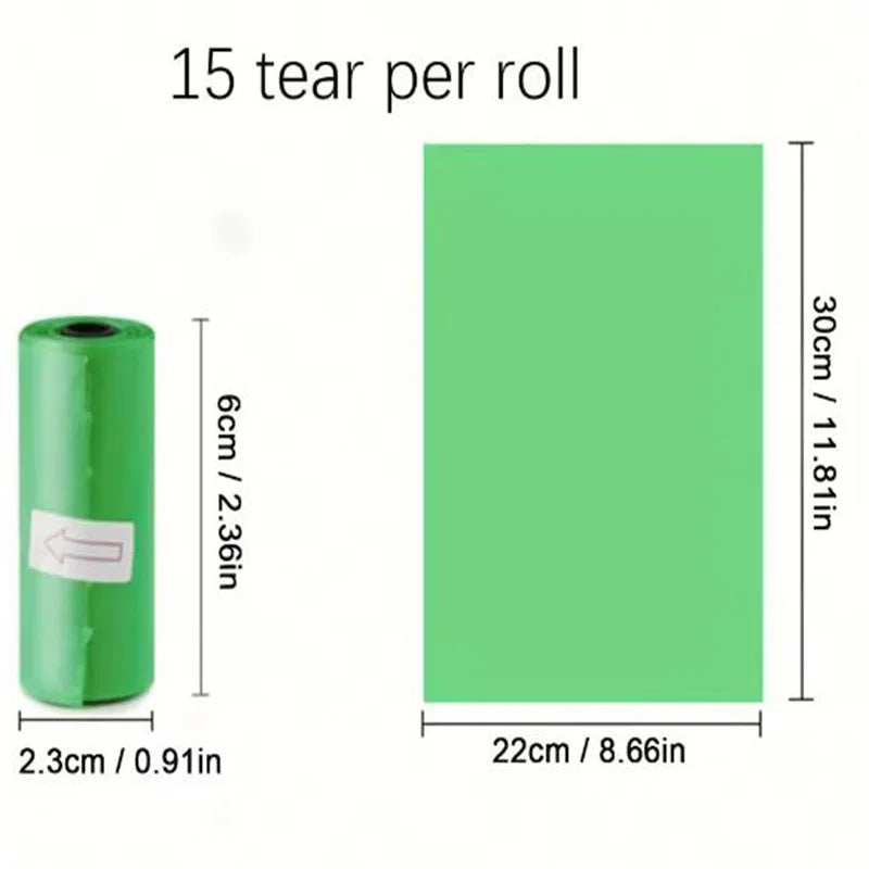 Green dog waste bag roll with dimensions, 15 bags per roll, 22x30cm each bag.