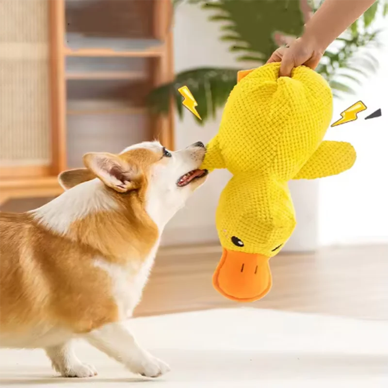bite resistant dog plush toy yellow duck chew toy for interactive play and teeth cleaning with corgi