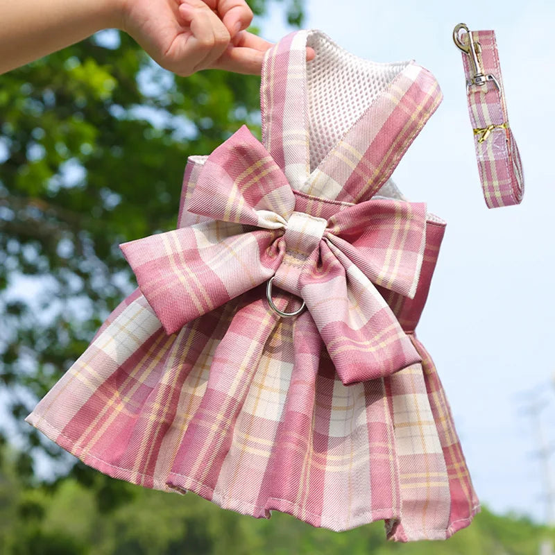 plaid pet dress with leash dark pink bow puppy cat dress set for small dogs and kittens, nylon fashion clothing