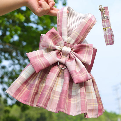 plaid pet dress with leash dark pink bow puppy cat dress set for small dogs and kittens, nylon fashion clothing