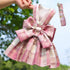 plaid pet dress with leash dark pink bow puppy cat dress set for small dogs and kittens, nylon fashion clothing