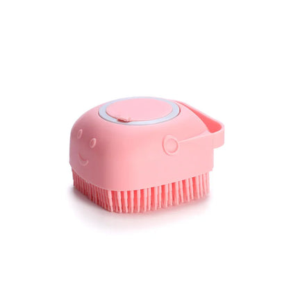 Pink silicone pet bathing brush with soft bristles for dog and cat grooming, cleaning, and shower massage