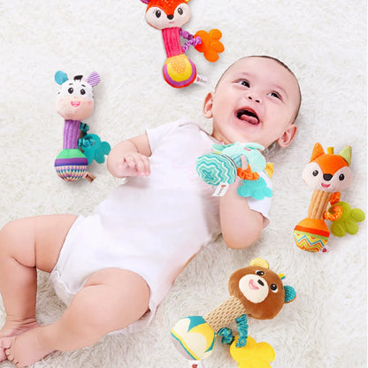 soft baby rattle toy plush animal hand grip toy for newborn sensory play and travel, smiling baby with colorful rattles