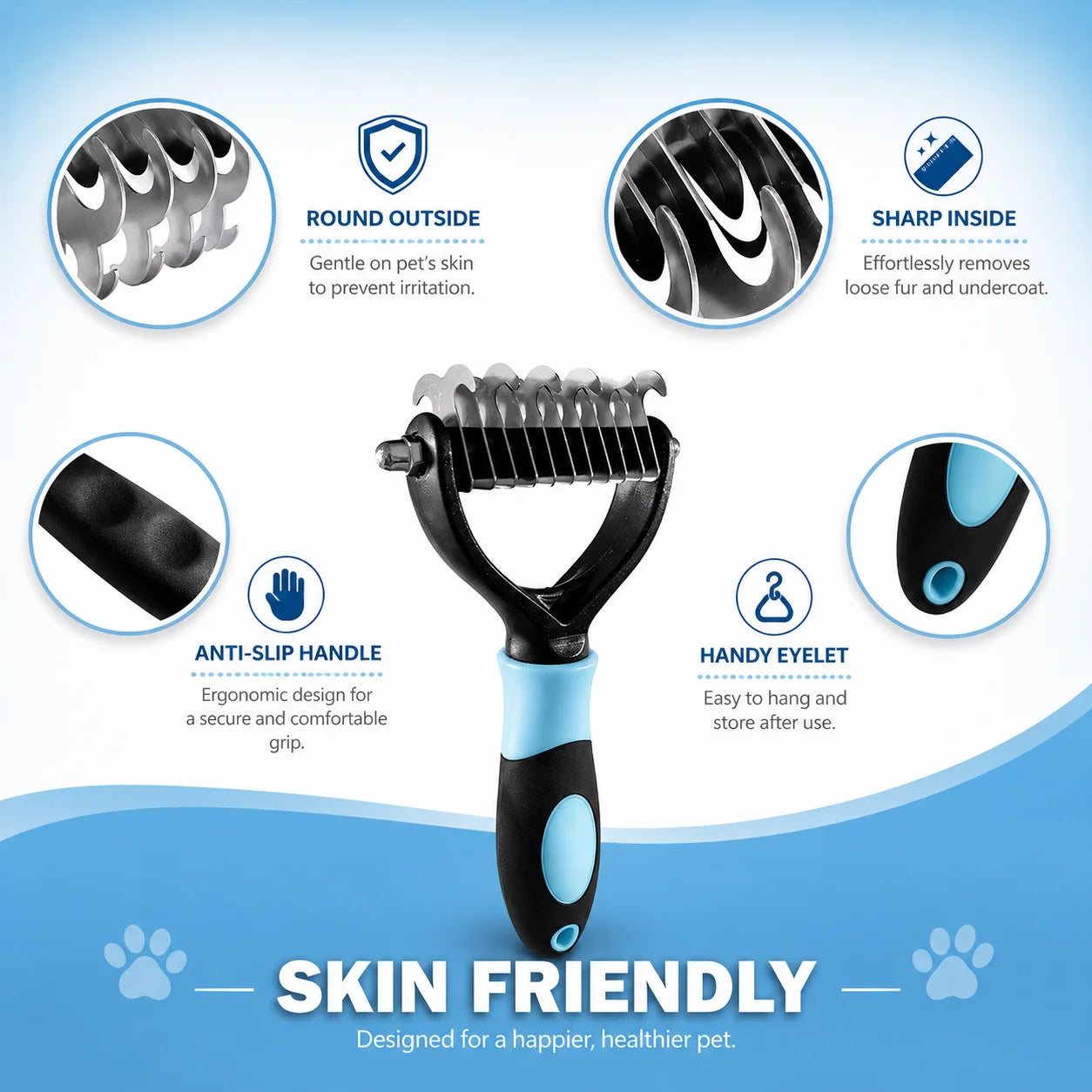 pet deshedding brush with no-scratch rounded teeth, anti-slip handle, skin-friendly undercoat rake for dogs and cats