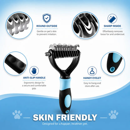 pet deshedding brush with no-scratch rounded teeth, anti-slip handle, skin-friendly undercoat rake for dogs and cats