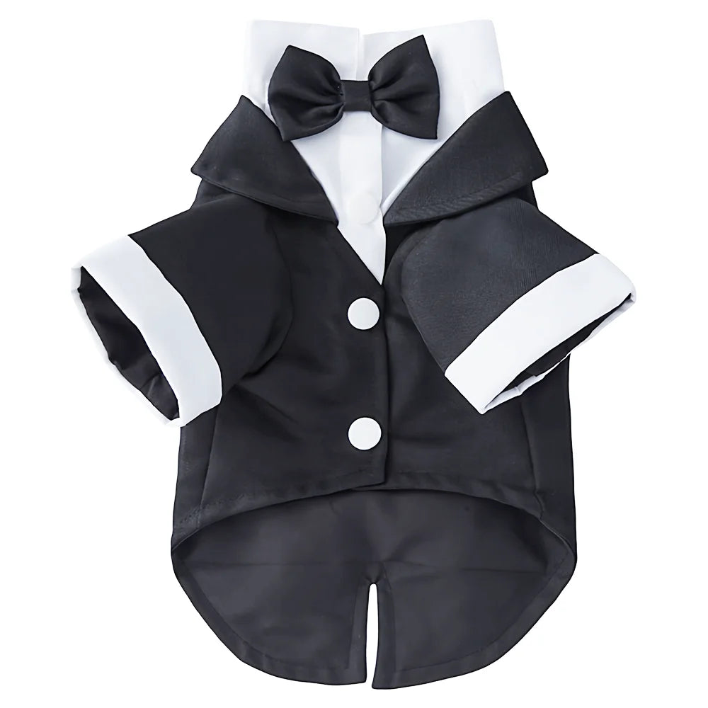 Black and white dog tuxedo costume with bow tie, dressy pet apparel for dogs