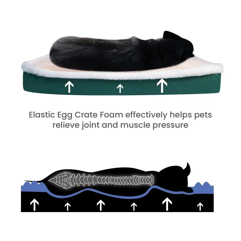 calming dog bed with memory foam, removable washable cover, non-slip bottom, and egg crate support for joint relief