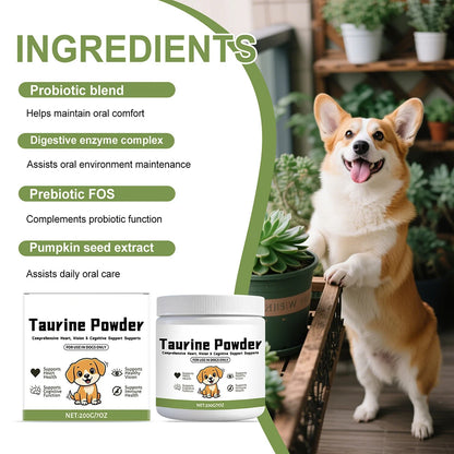 Corgi near succulents with Taurine Powder dog supplement and ingredient benefits list.