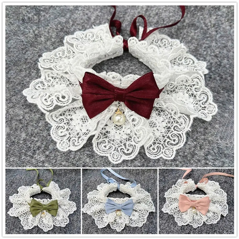 Lace dog collars with ribbon bows and pearl charm, assorted colors on gray background.