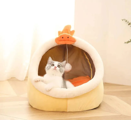 foldable washable cat bed with cute animal-ear design, cozy semi-closed pet cave for cats and small dogs