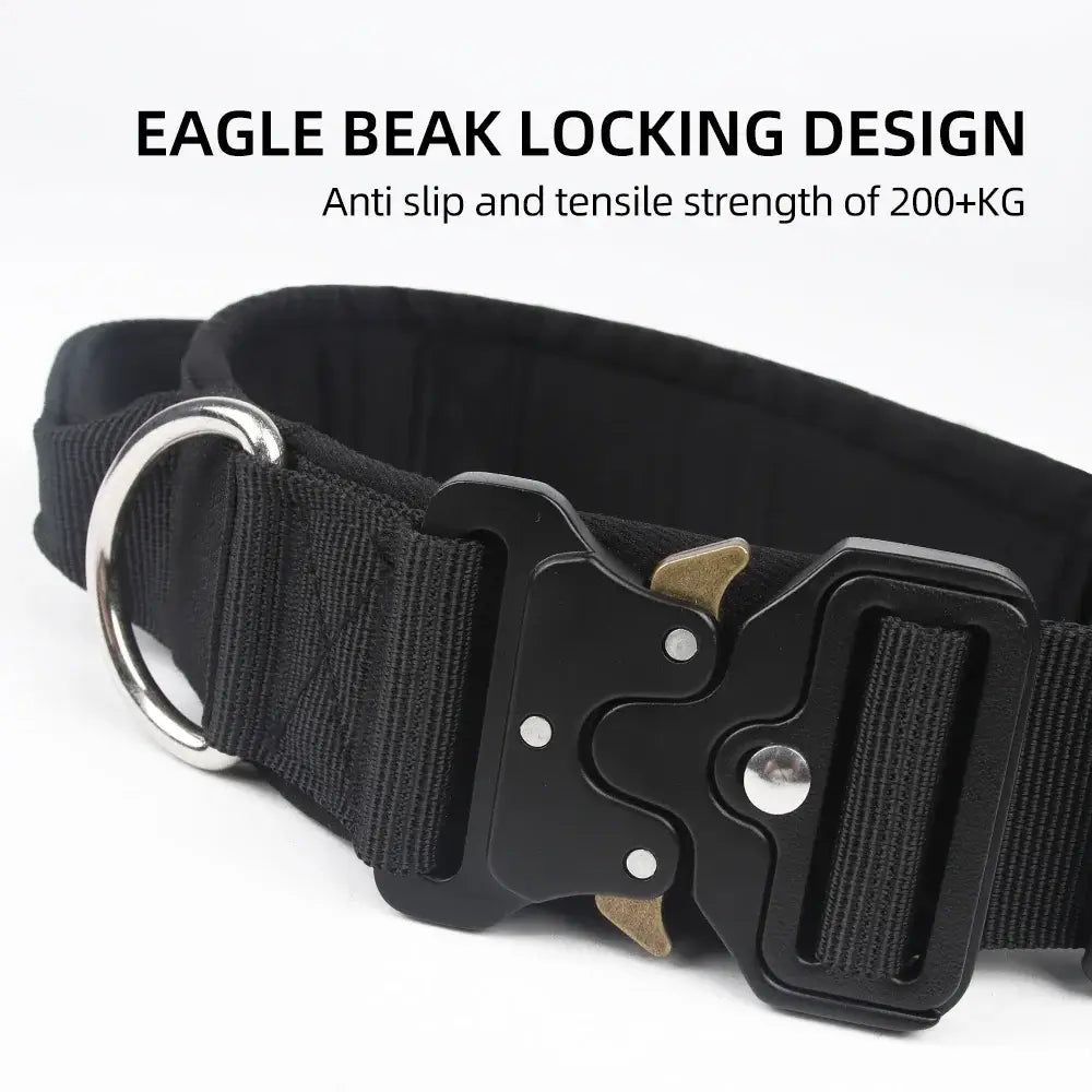 tactical dog collar for medium to large dogs with eagle beak locking buckle, padded durable control collar