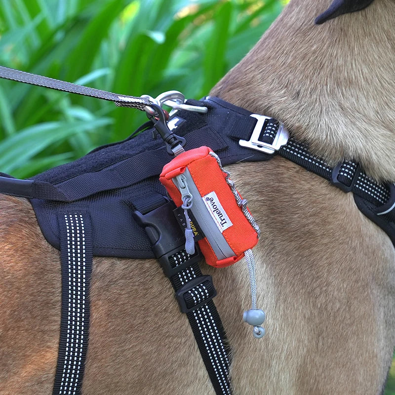 dog poop bag holder with carabiner attached to a dog harness for hands-free leash walking