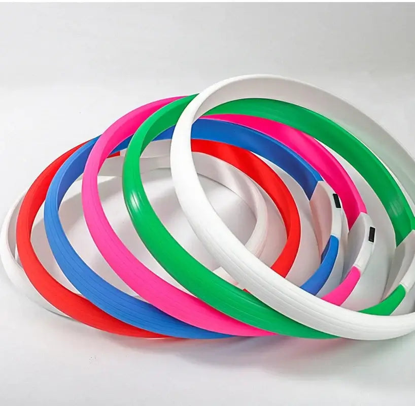 Colorful LED dog collar collection with USB charging, waterproof PVC, and bright glow for small, medium, and large dogs