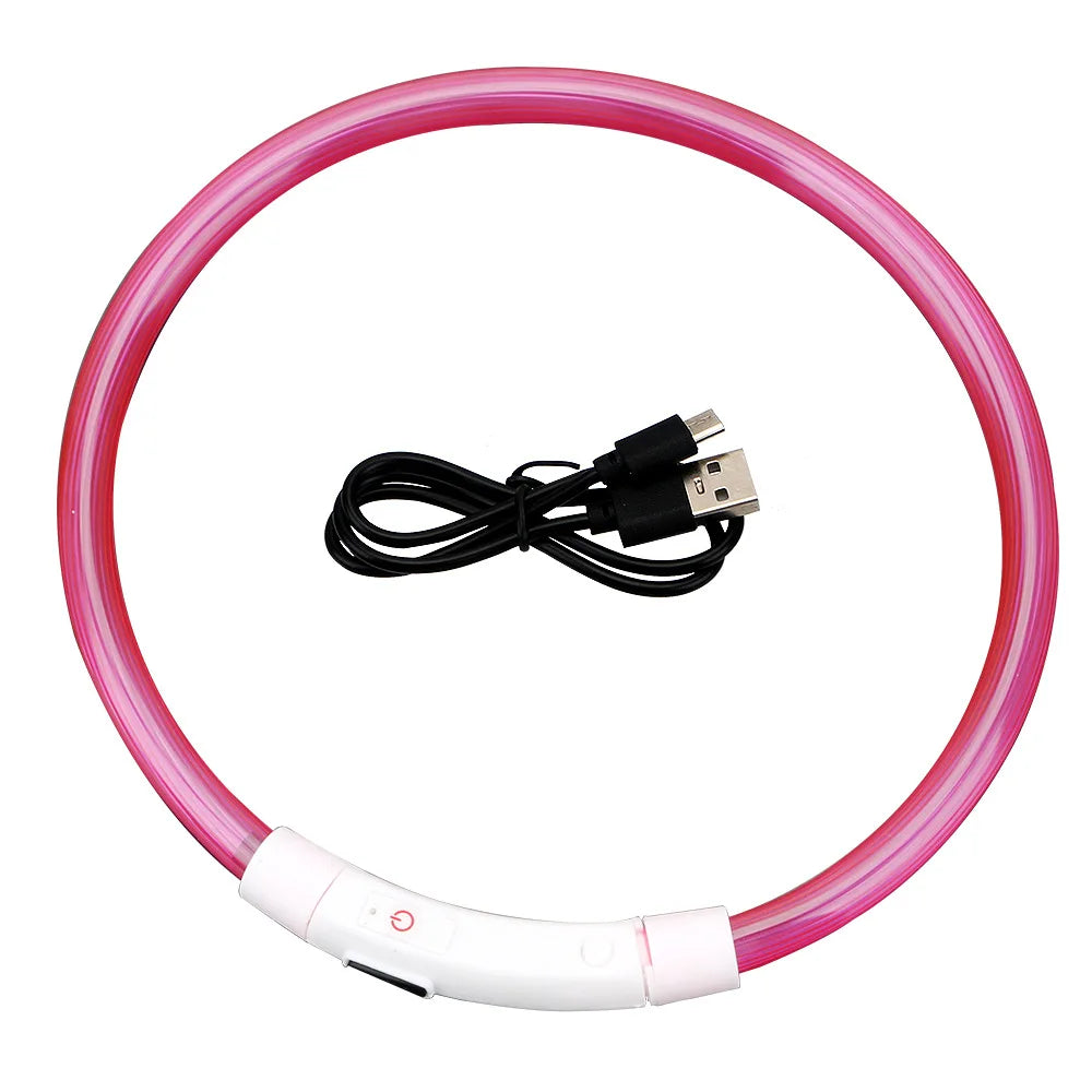 Led Usb Dog Collar Pet Dog Night Luminous Charge Collar Pet Accessorie with USB charging cable and pink glow.