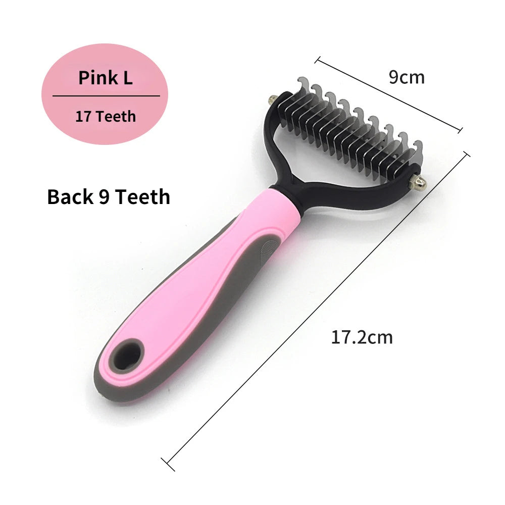 Pink dog deshedding brush with 17 teeth and 9 cm head, stainless steel pet fur remover grooming comb