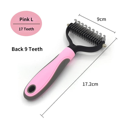 Pink dog deshedding brush with 17 teeth and 9 cm head, stainless steel pet fur remover grooming comb
