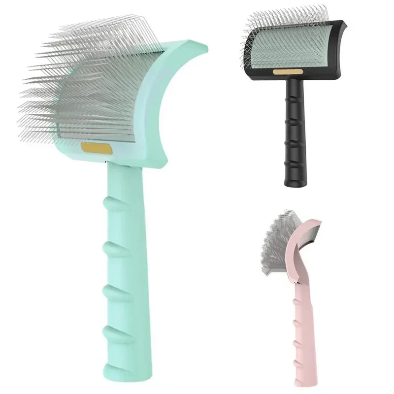 Three ergonomic dog grooming brushes in mint, black, and pink with curved bristle heads
