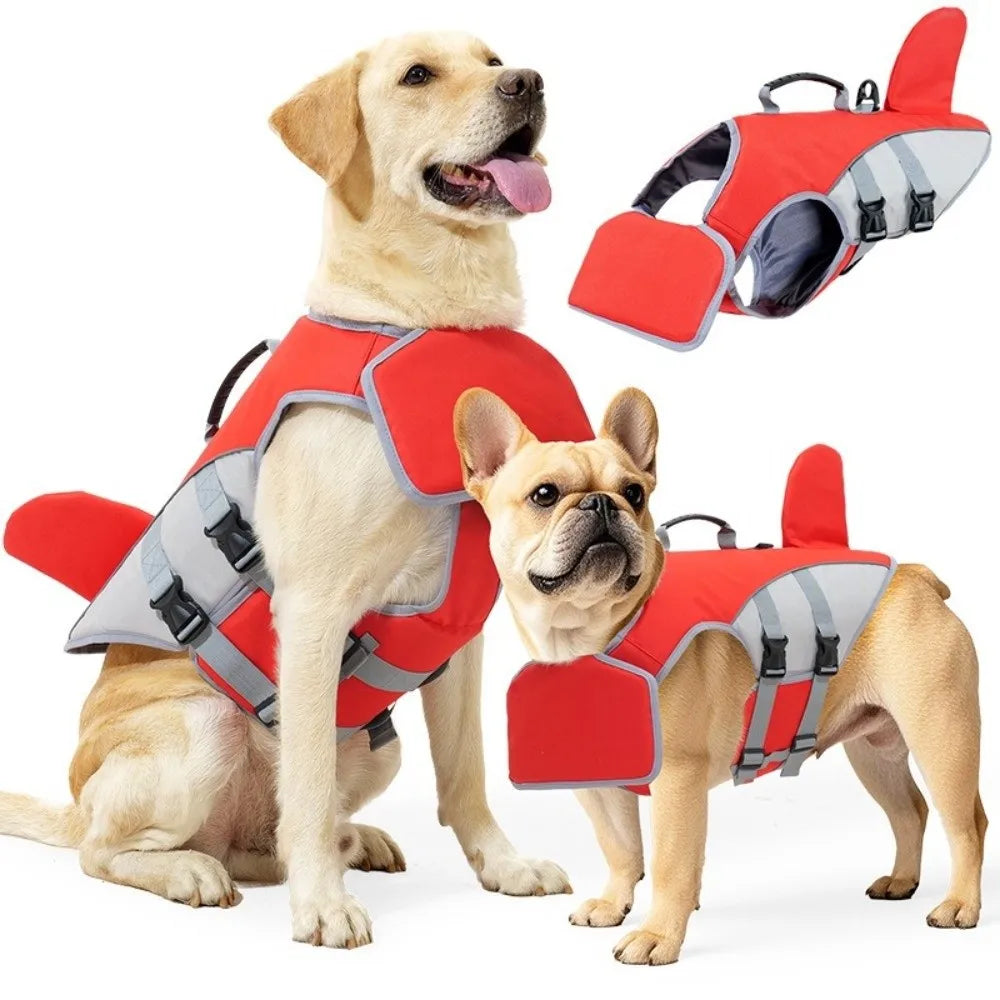 dog life jacket with quick-release buckle, adjustable straps, and back traction hook for safe swimming and water protection