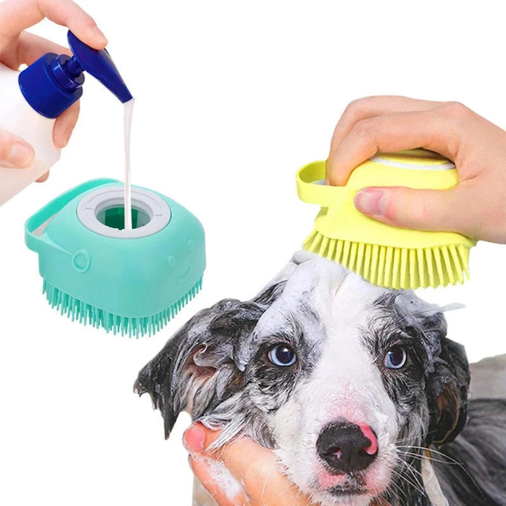 silicone pet bath massage gloves dog grooming brush with shampoo dispenser for cats and dogs, soft bristles