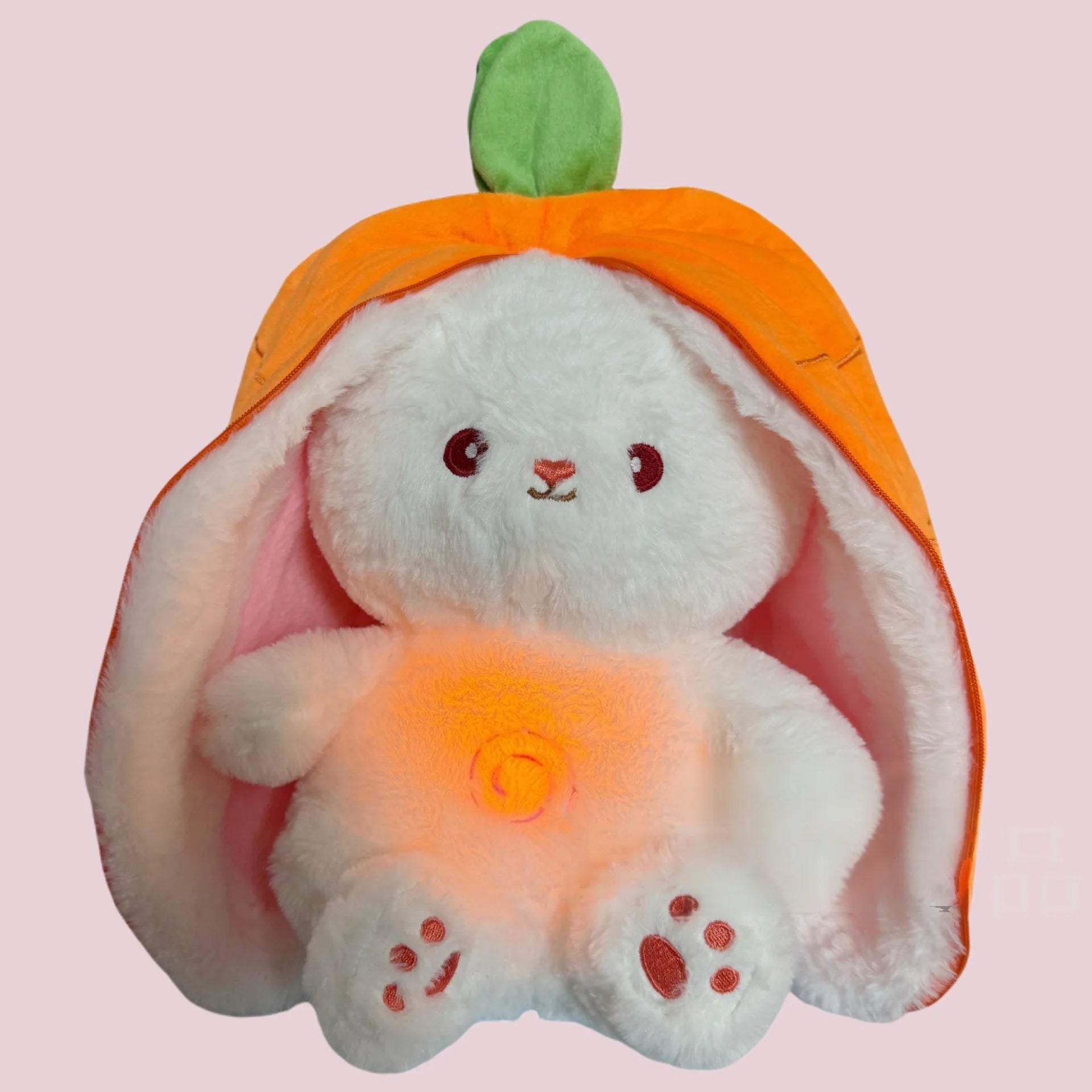Glowing stuffed animal sleep aid white plush bunny in orange pumpkin hood, soft breathing bedtime toy for kids