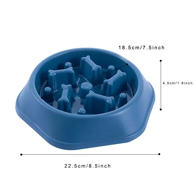 blue slow feeder dog bowl with anti-choking design, anti-slip base, and puzzle feeding maze for small to medium dogs