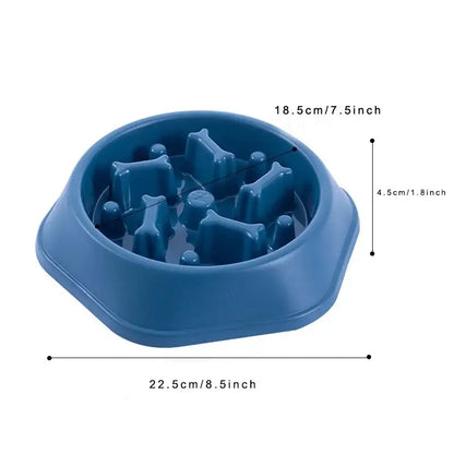 blue slow feeder dog bowl with anti-choking design, anti-slip base, and puzzle feeding maze for small to medium dogs