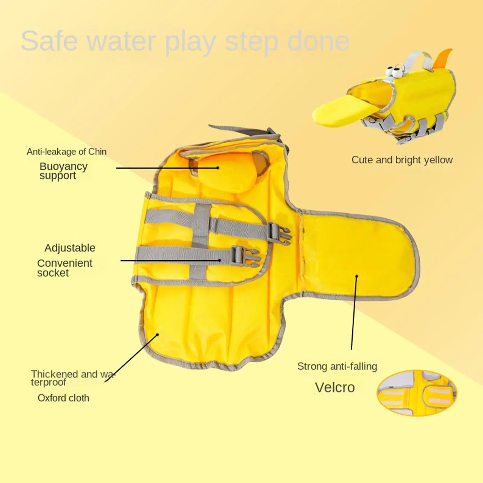 Yellow adjustable dog life jacket with high buoyancy, rescue handle, and waterproof Oxford cloth for small and medium dogs