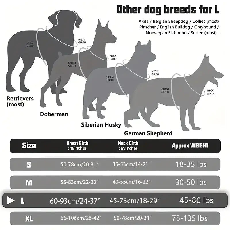 military tactical dog harness size chart for large dogs with chest and neck measurements, reflective control handle vest fit guide