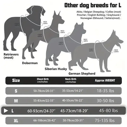 military tactical dog harness size chart for large dogs with chest and neck measurements, reflective control handle vest fit guide