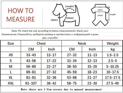 dog life jacket size chart with chest, neck, and weight measurements for proper fit