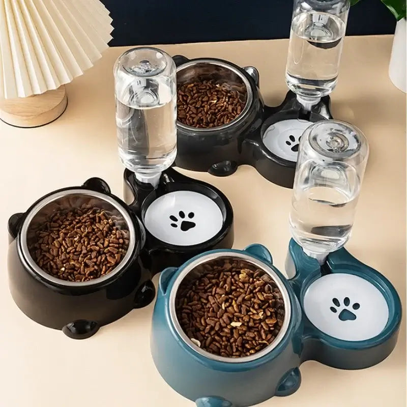 automatic pet feeder and water dispenser for cats and dogs, no battery needed, slanted mouth design
