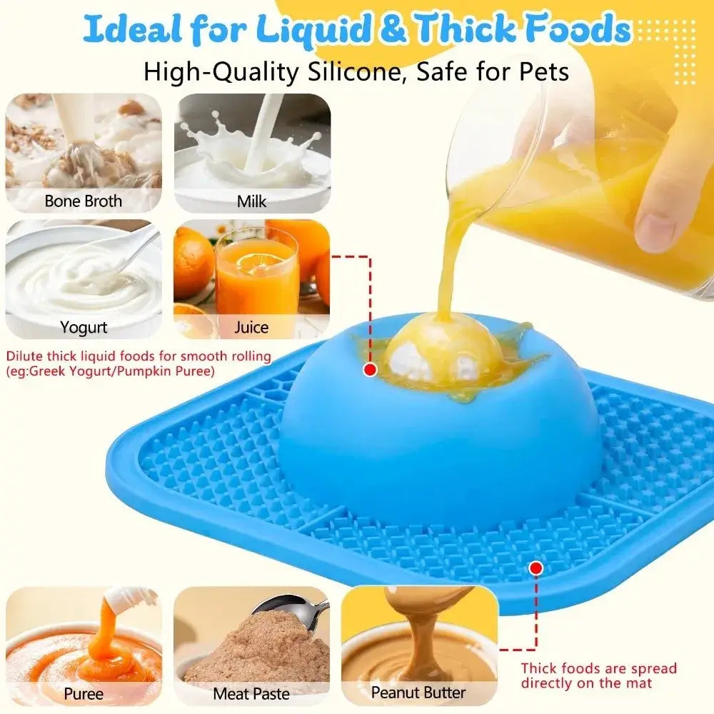 slow feeder dog bowl for liquid and thick foods, silicone anti-slip licking mat with rolling dome for dogs