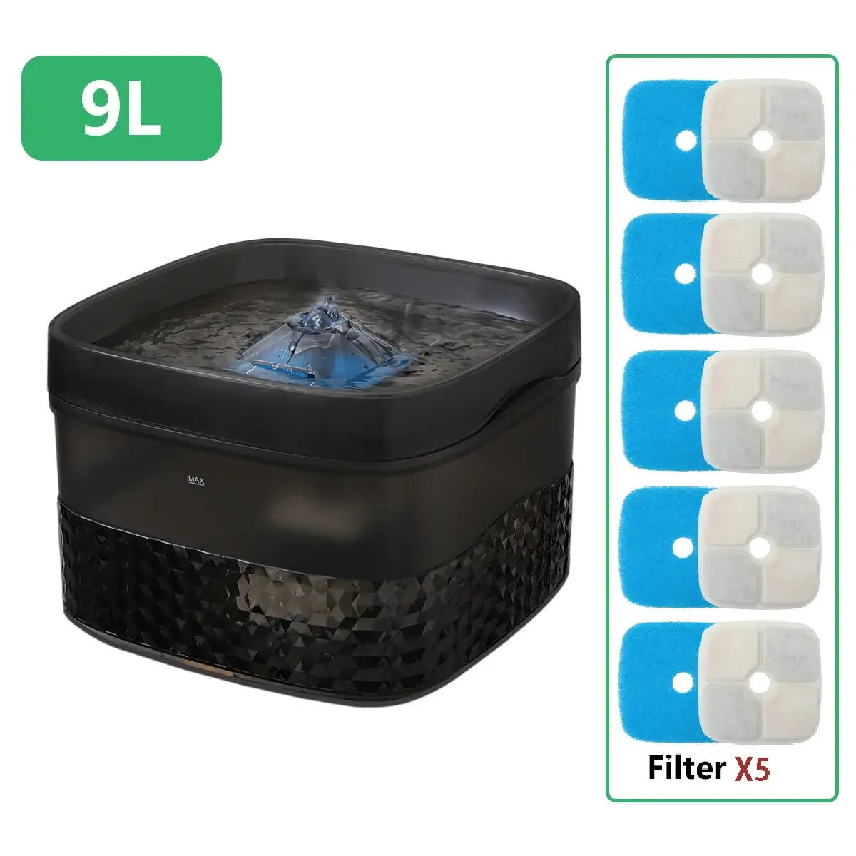 9L large capacity pet water fountain with ultra-quiet pump and 5 replacement filters for multiple cats or dogs