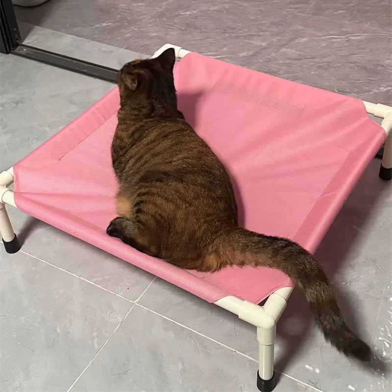 elevated dog camping bed pink pet cot for cats and dogs, portable washable hammock-style sleeping bed