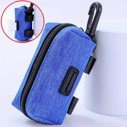 Blue dog waste bag dispenser pouch with zipper, clip, and paper insert, pet accessory