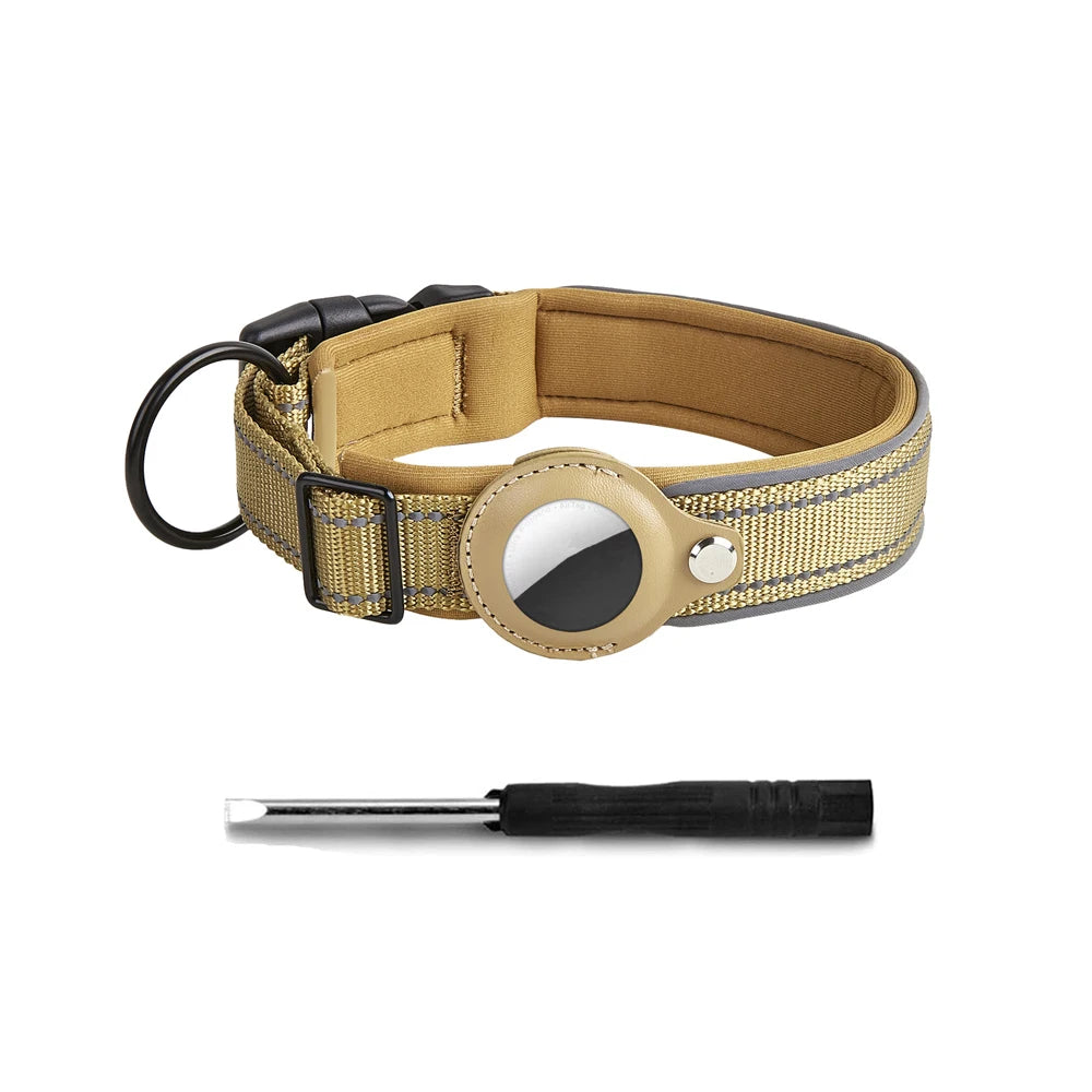 Reflective adjustable dog collar with GPS holder and screwdriver, tan color