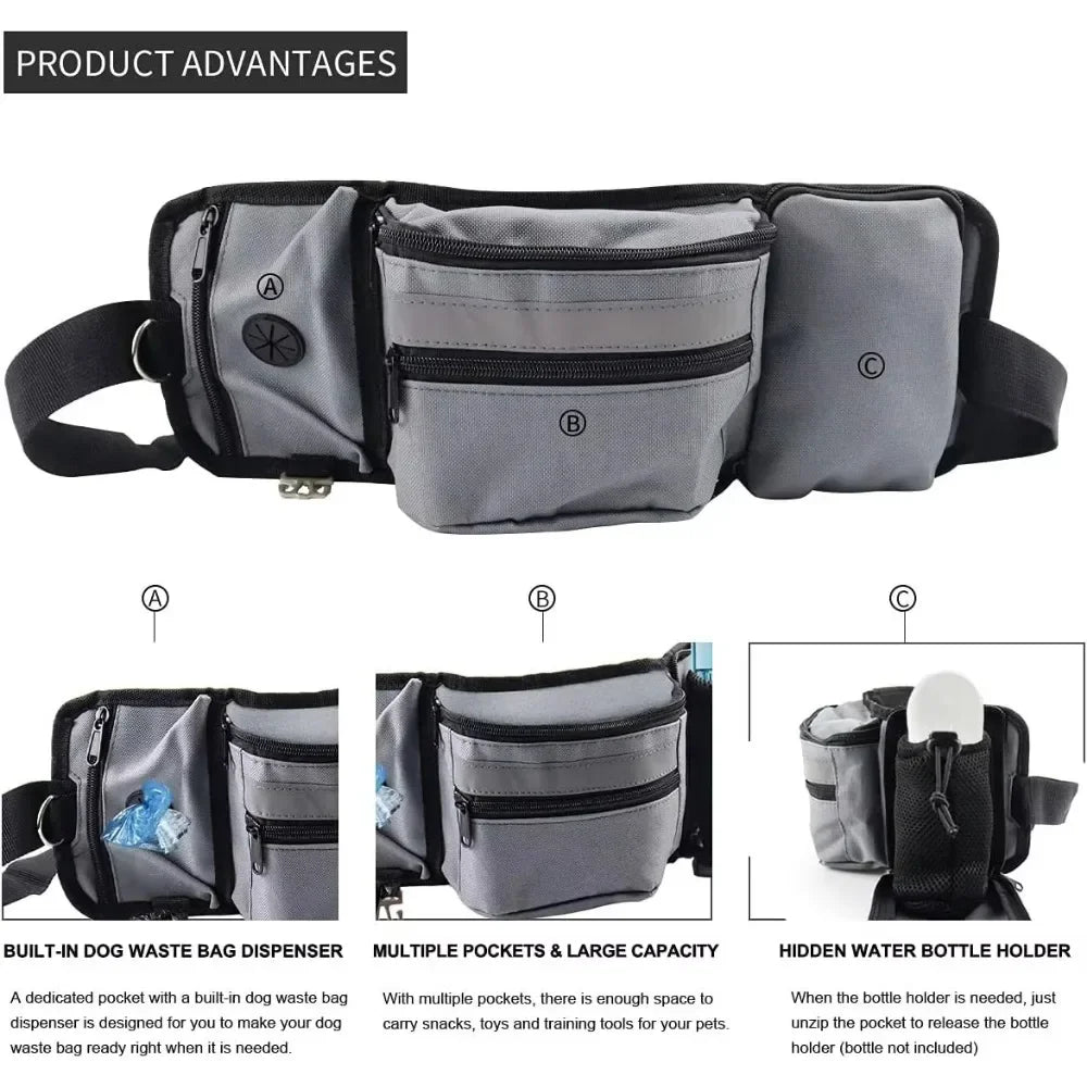 Gray dog walking waist bag with dog waste bag dispenser, multiple zippered pockets, water bottle holder
