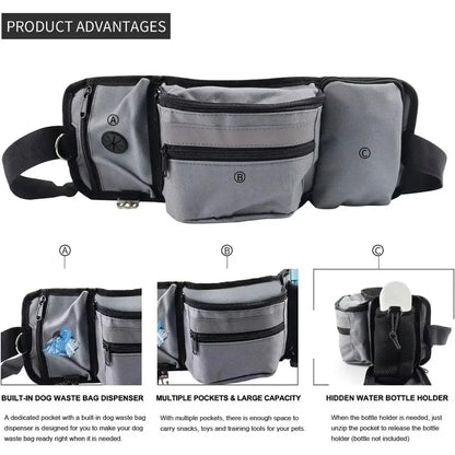Gray dog walking waist bag with dog waste bag dispenser, multiple zippered pockets, water bottle holder