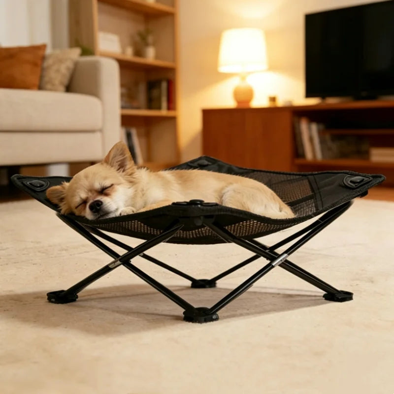 Sleeping dog on a waterproof raised mesh dog bed, portable elevated pet bed for cooling indoor comfort