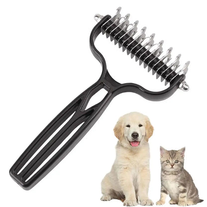 pet deshedding brush with stainless steel rake for dog and cat grooming, removes loose fur and tangles