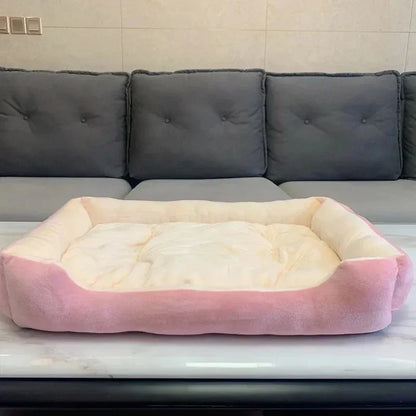 calming plush dog bed, soft pink rectangular pet cushion for small dogs, puppies, and cats