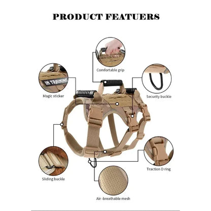 tactical dog harness with quick release, reflective straps, breathable mesh, security buckle, and traction D ring