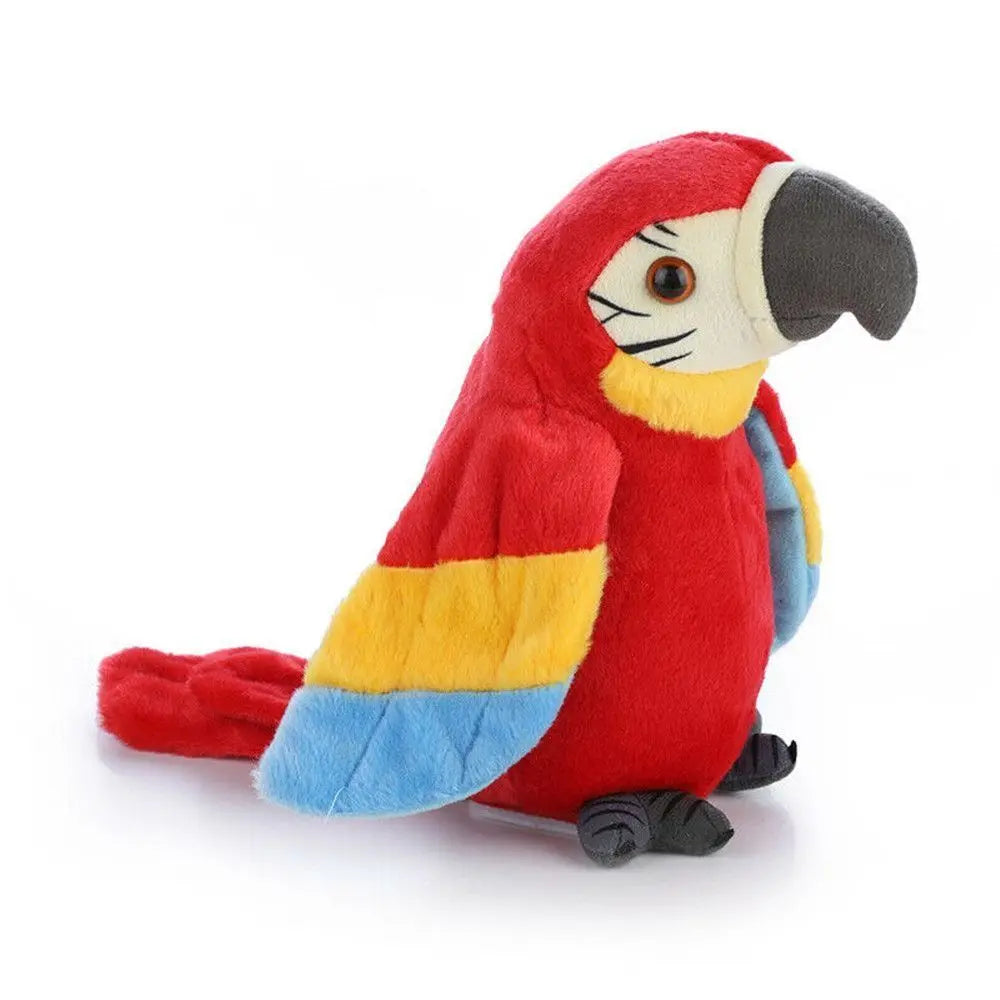 Plush talking parrot toy with red, blue, and yellow feathers for fun voice repeat play