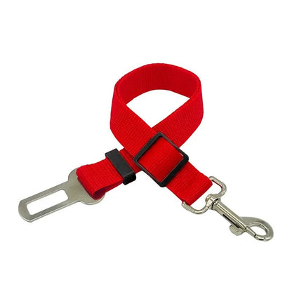 Red nylon dog car seat belt with adjustable buckle and metal clip, 45-72cm pet safety harness for travel