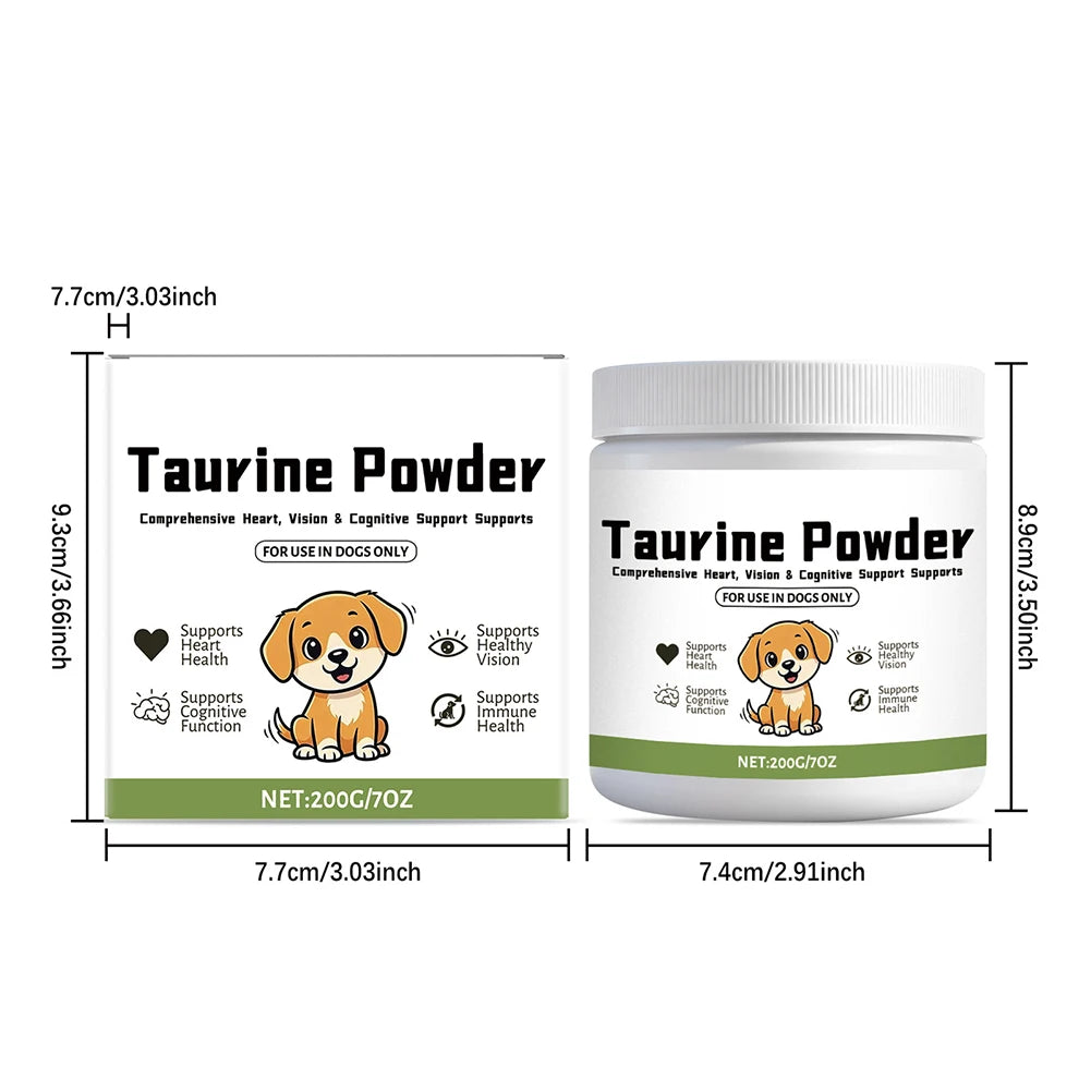 Taurine powder for dogs supplement container and box, supports heart, vision, cognitive, immune health.