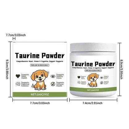 Taurine powder for dogs supplement container and box, supports heart, vision, cognitive, immune health.